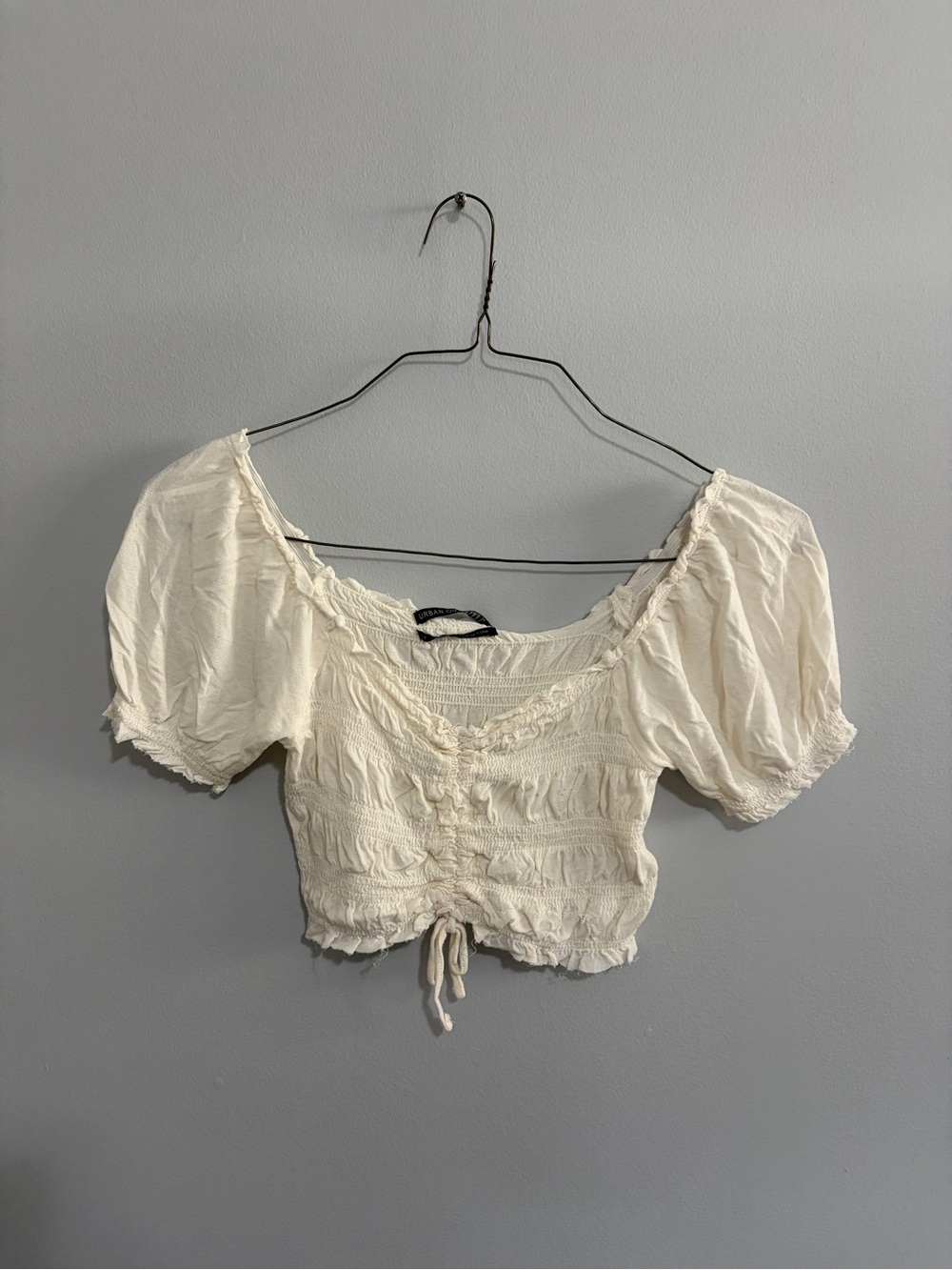 Urban Outfitters Cream Smocked Puff-Sleeve Cropped Top